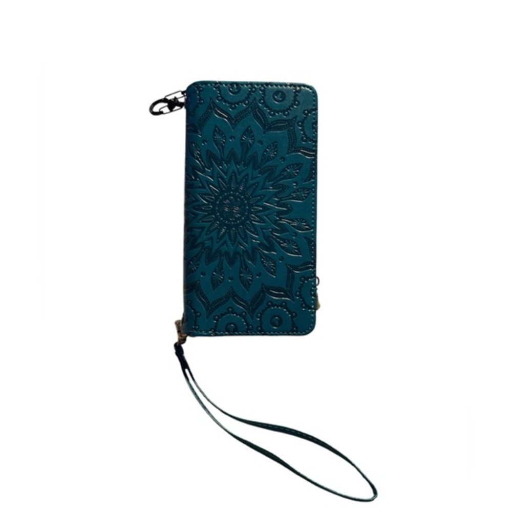 iPhone 16 Pro Max Teal Mandala Wristlet Wallet Shoulder Strap & Phone Case NWOB
